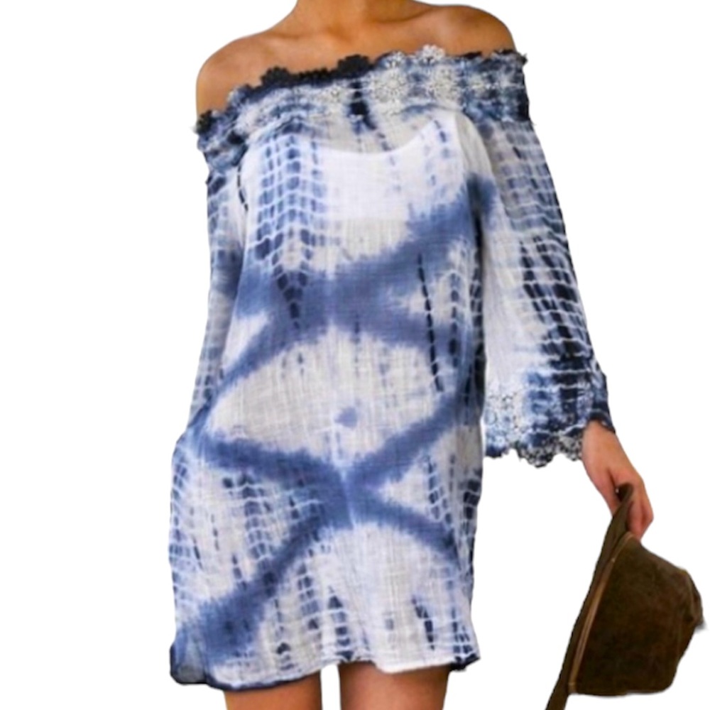 En Crème Off Shoulder Semi Sheer Long Sleeve Coverup Dress Blue Tie Dye LargeNWT